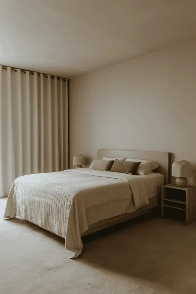 Calm bedroom that feels lived-in and unfinished in an intentional way, minimal wood furniture, open space, soft textures, relaxed and evolving atmosphere, realistic interior photography, no people, no text, no watermark