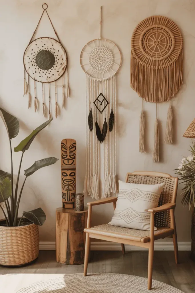 indigenous wall decor from around the world featuring native american dreamcatchers, australian aboriginal dot paintings, and pacific islander tiki carvings, natural materials and earthy tones, rustic-modern bohemian interior, warm daylight, cultural storytelling aesthetic
