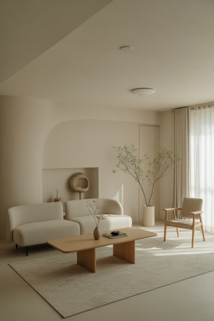 Japandi living room with intentional negative space, minimal furniture, light wood accents, neutral walls, soft daylight, calm and airy composition, high-end editorial interior photography, no people, no text