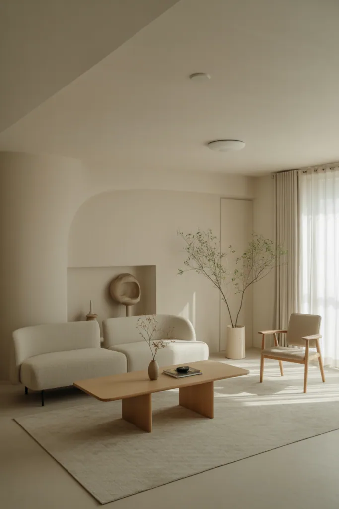 Japandi living room with intentional negative space, minimal furniture, light wood accents, neutral walls, soft daylight, calm and airy composition, high-end editorial interior photography, no people, no text