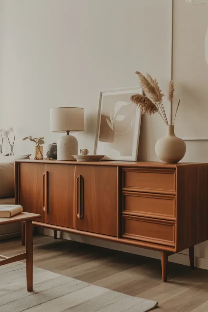 Living room showcasing classic solid wood furniture with natural patina, neutral styling, timeless and lived-in atmosphere, Scandinavian–modern wood aesthetic, realistic interior photography, high resolution, no people, no text, no watermark