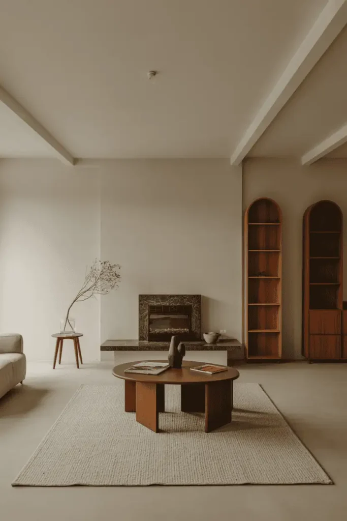 Minimalist living room that feels intentionally incomplete, open space, restrained wood decor, calm and flexible atmosphere, natural daylight, editorial interior photography, high resolution, no people, no text, no watermark