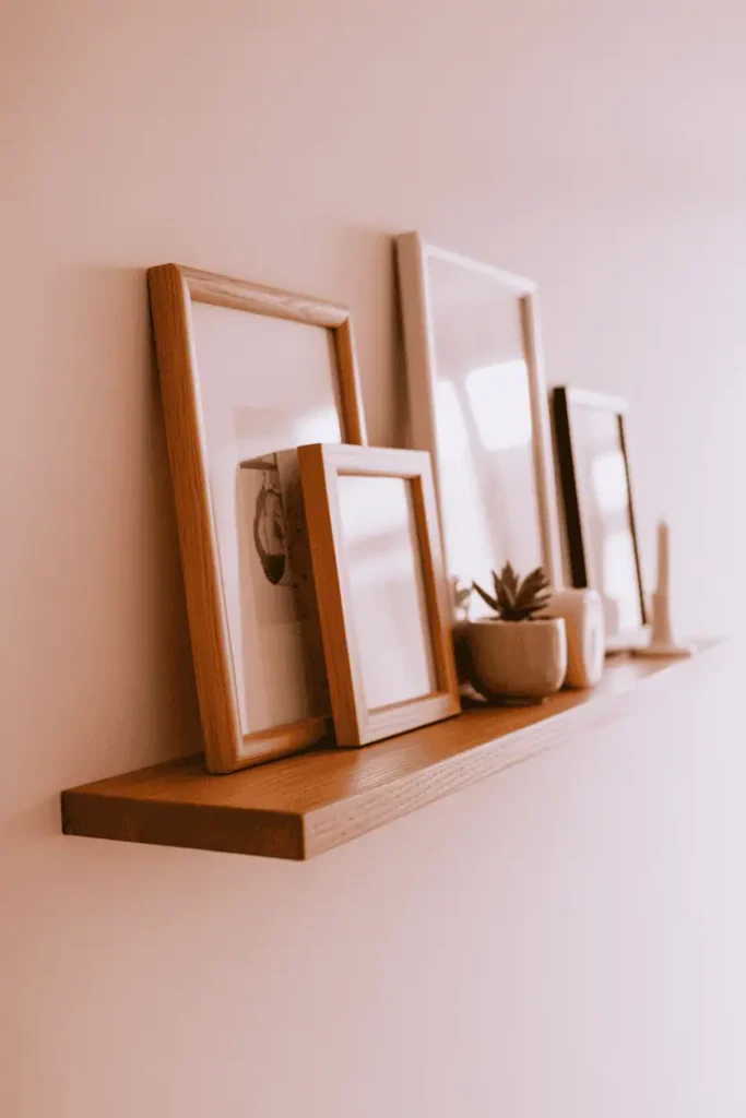 A straight-on view of a long wooden ledge shelf in natural oak mounted on a soft white wall. On the ledge: four wooden frames of varying sizes leaning and slightly overlapping. The frames show mixed wood tones from light to medium. Between frames: a small potted succulent and a ceramic candle holder. Soft, even natural lighting. Flexible, layered gallery styling with casual, collected feel.