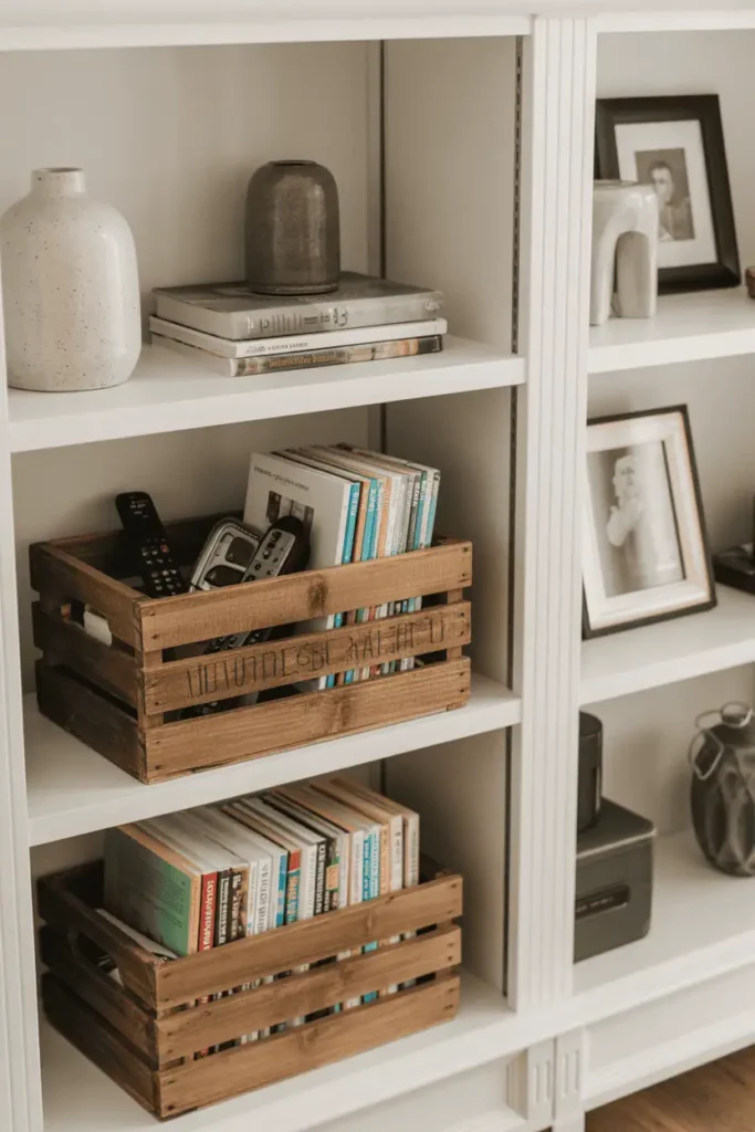 A straight-on view of a white painted open shelving unit with two rustic wooden crates placed on separate shelves. The crates hold magazines, remotes, and small items, while other shelves display ceramic vases, framed photos, and stacked books. The crates provide visual rest among the open shelves. Soft, even natural light. Clean, organized, and intentional styling with mixed textures.
