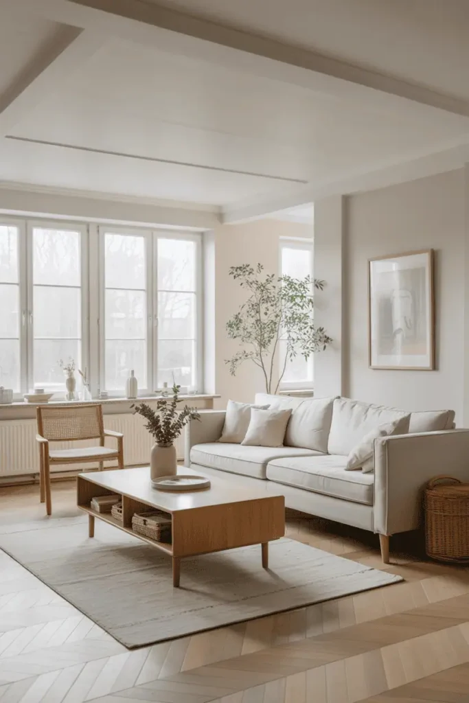 Bright living room with minimal wooden furniture accents, large windows, light neutral palette, airy and modern feel, Scandinavian–modern wood aesthetic, realistic interior photography, high resolution, no people, no text, no watermark