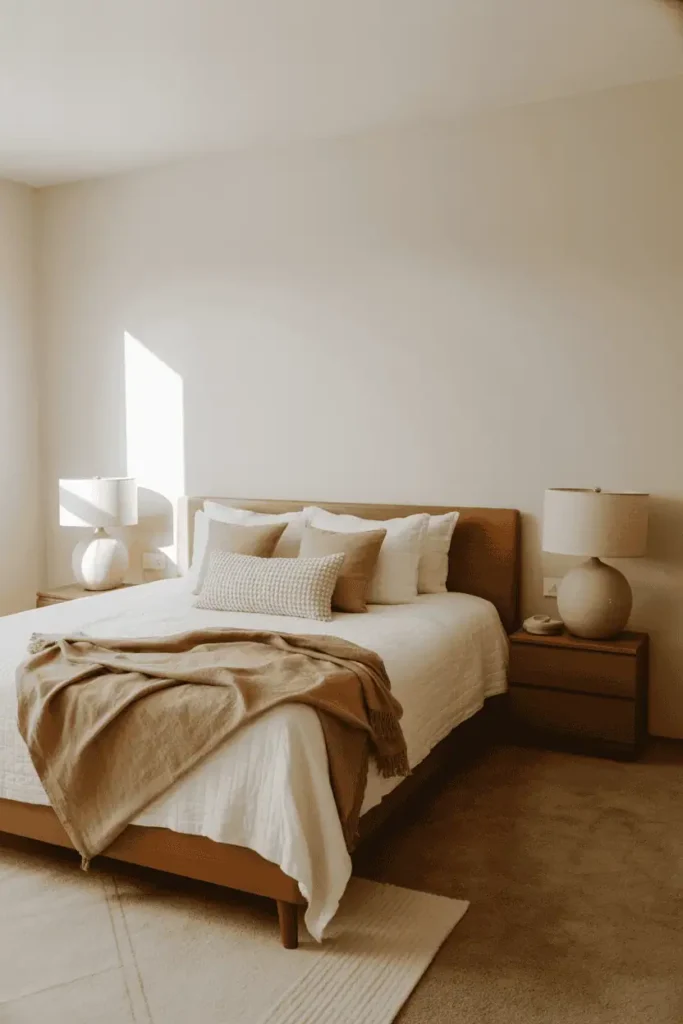 Calming bedroom with warm wood furniture and neutral color palette, soft whites and earth tones, understated styling, natural daylight, realistic interior photography, no people, no text, no watermark