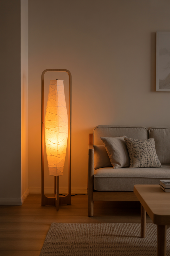 Japandi living room with wooden-accent floor lamp or table lamp, warm ambient light, neutral furnishings, light oak tones, serene minimalist mood, interior magazine photography, no people, no text