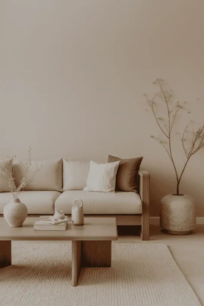 Living room balancing warm wood furniture with stone, linen, and ceramic textures, minimalist styling, neutral palette, calm and timeless mood, realistic interior photography, high resolution, no people, no text, no watermark