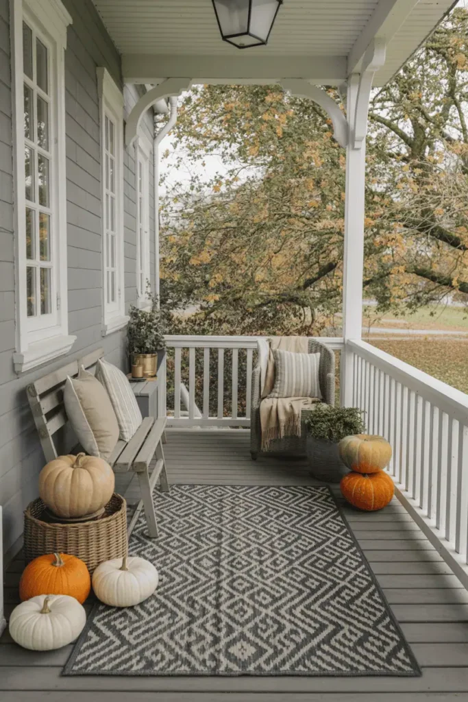 Pumpkin porch display styled with textiles for cozy modern look.