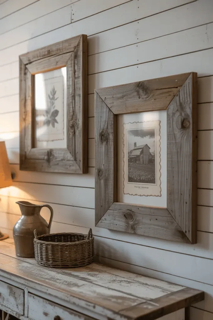 A diagonal composition showing two rustic wooden frames on a white shiplap wall. The frames are made from reclaimed barn wood with weathered gray patina, visible knots, and aged texture. Inside: vintage botanical prints and old farm photography. Below, a distressed wood console table holds a ceramic pitcher and woven basket. Warm lamp light from the side creates cozy atmosphere. Rustic farmhouse aesthetic.