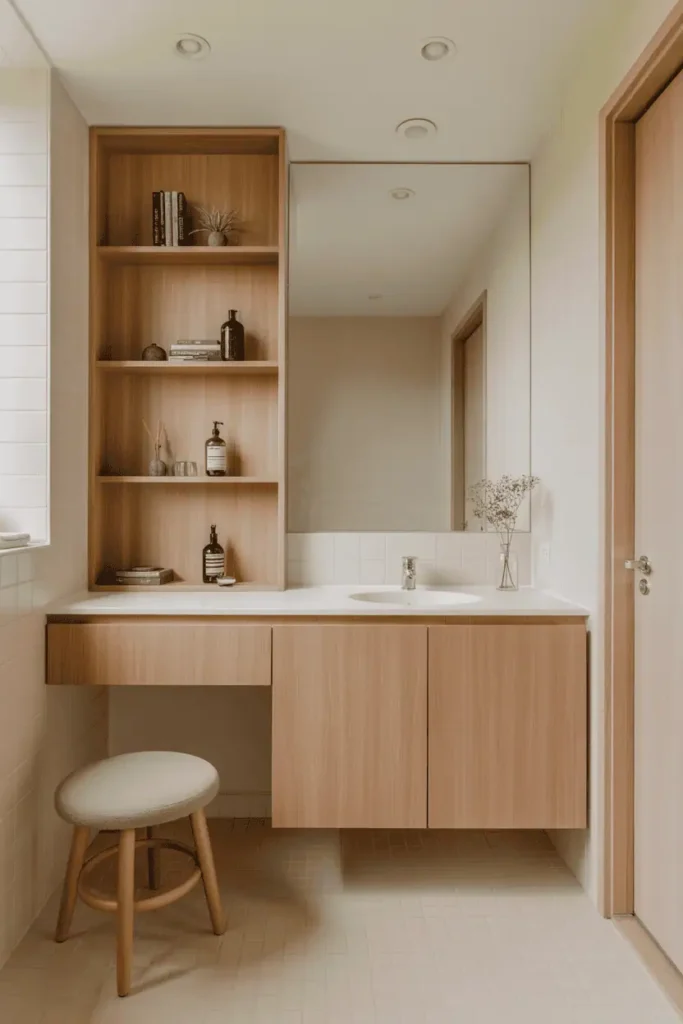 Bathroom with light wood repeated subtly in vanity, shelving, and small stool, cohesive and calm design, neutral surroundings, realistic interior photography, no people, no text, no watermark
