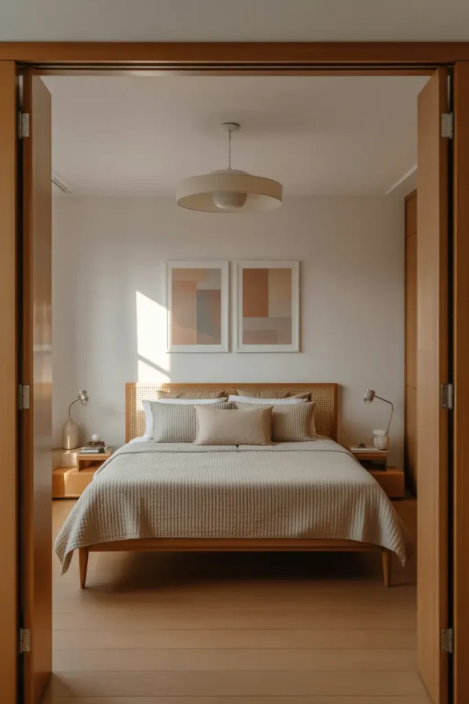 Bedroom where wood elements frame the space through bed, floor, and furniture rather than decorative objects, neutral styling, calm and intentional design, realistic interior photography, no people, no text, no watermark