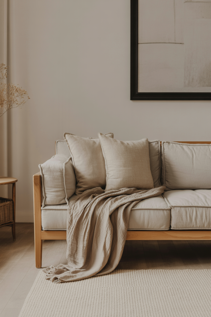 Japandi living room highlighting wood furniture paired with soft linen cushions and throws, neutral palette, warm daylight, tactile textures, minimalist editorial styling, realistic interior photography, no people, no text
