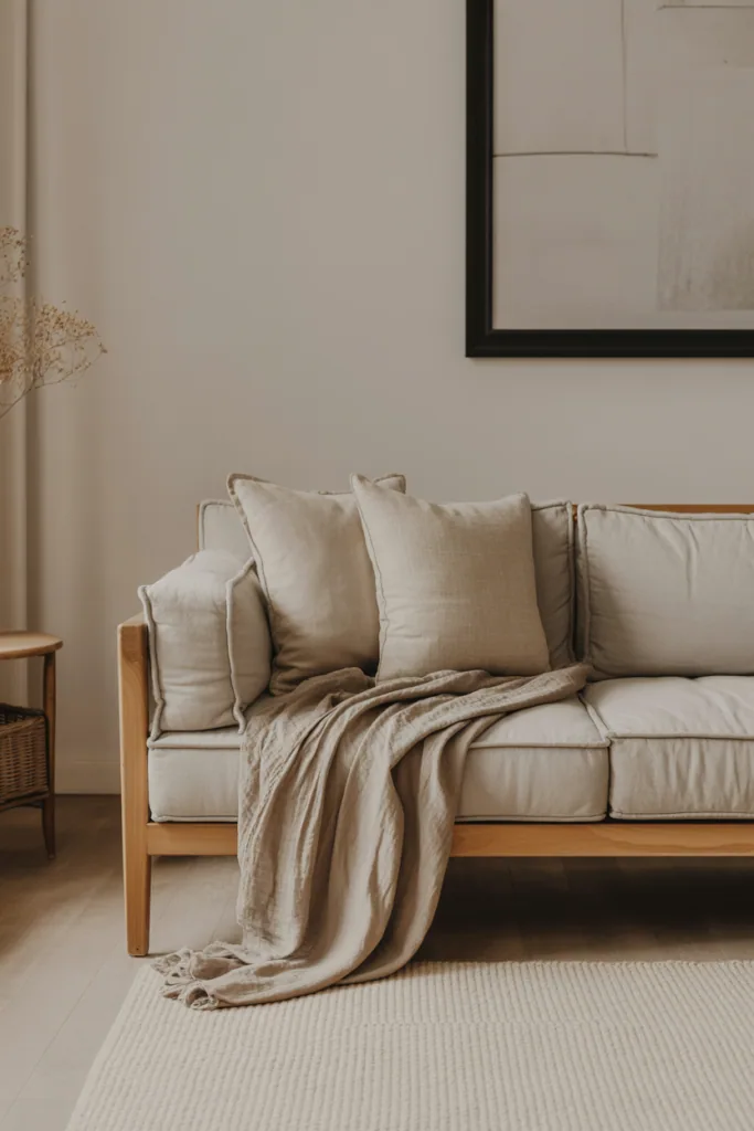 Japandi living room highlighting wood furniture paired with soft linen cushions and throws, neutral palette, warm daylight, tactile textures, minimalist editorial styling, realistic interior photography, no people, no text