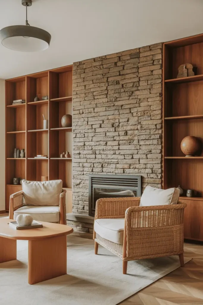 Living room combining warm wood furniture with stone fireplace or stone accent wall, natural textures, earthy and timeless aesthetic, Scandinavian–modern wood aesthetic, realistic interior photography, high resolution, no people, no text, no watermark