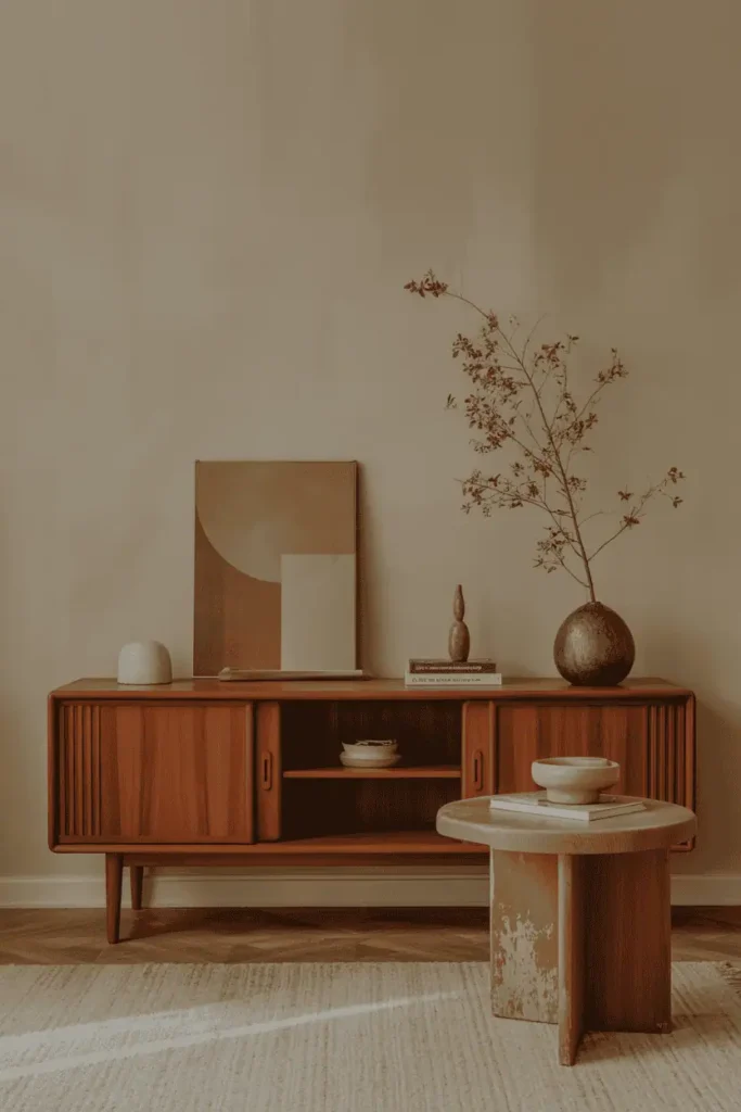 Minimalist living room featuring wooden furniture with rounded edges and soft curves, neutral palette, calm and inviting atmosphere, natural daylight, realistic interior photography, high resolution, no people, no text, no watermark