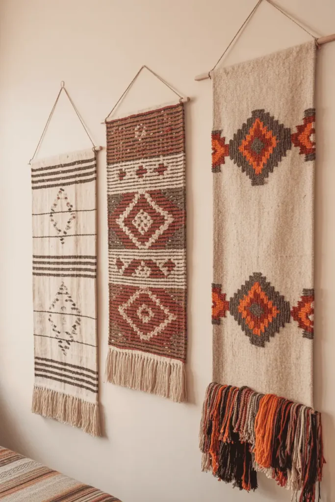 peruvian wall decor featuring woven alpaca textiles, andean geometric patterns, and handmade fabric hangings, earthy neutral tones with touches of deep red and orange, rustic-modern home interior, natural daylight photography with handcrafted detail and soft shadows