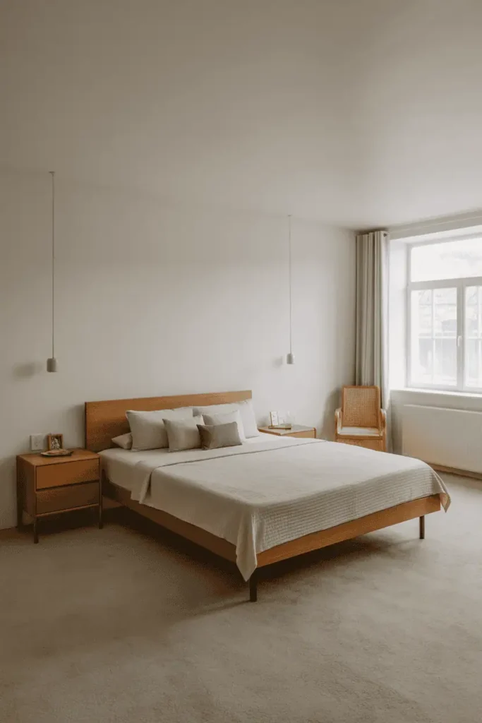 Bedroom with open space and minimal furniture placement, wood bed frame and nightstands, uncluttered corners, calm and spacious feel, natural daylight, realistic interior photography, no people, no text, no watermark