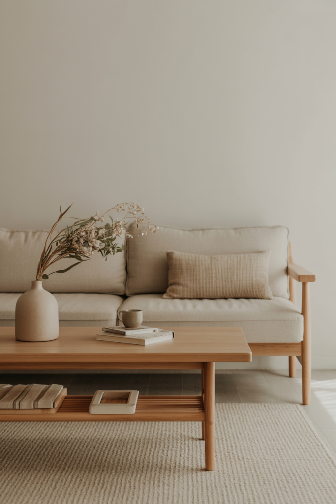 Japandi living room with simple wooden bench used as seating or accent, light oak finish, neutral textiles, soft daylight, calm uncluttered styling, editorial interior photography, no people, no text