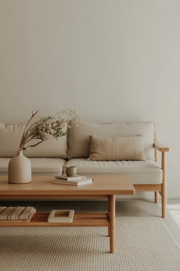 Japandi living room with simple wooden bench used as seating or accent, light oak finish, neutral textiles, soft daylight, calm uncluttered styling, editorial interior photography, no people, no text