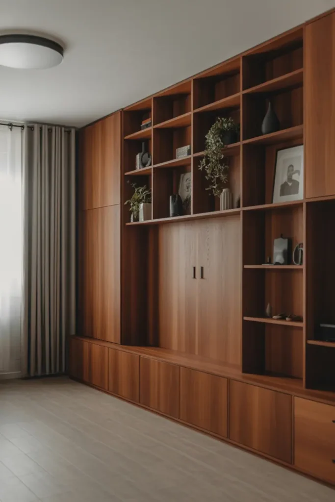 Living room with floor-to-ceiling wooden storage wall, open shelves and closed cabinets, warm finish, modern and intentional design, Scandinavian–modern wood aesthetic, realistic interior photography, high resolution, no people, no text, no watermark