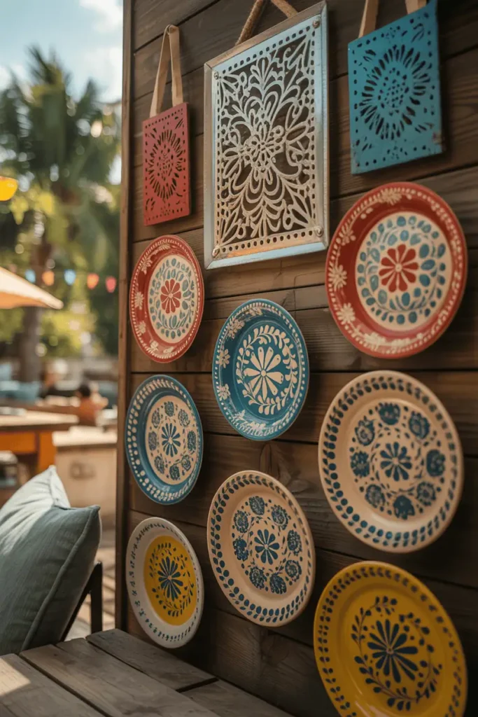 mexican folk art wall decor featuring handcrafted tin work, papel picado designs, and bright hand-painted plates, colorful yet harmonious palette with rustic wood background, warm daylight, cozy bohemian interior photography with artisan craftsmanship details