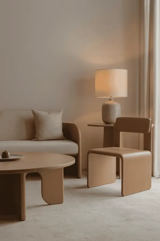Minimalist living room featuring wooden furniture with rounded edges and soft curves, neutral palette, calm and inviting atmosphere, natural daylight, realistic interior photography, high resolution, no people, no text, no watermark