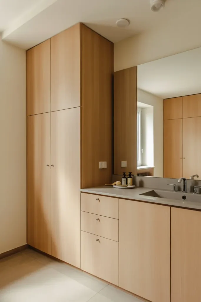 Bathroom with light wood storage cabinets blending into neutral walls, flat fronts, minimal styling, calm spa-like feel, realistic interior photography, no people, no text, no watermark
