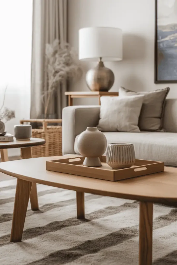 Close-up living room styling with wooden tray on coffee table, ceramic decor, neutral textures, calm editorial detail shot, Scandinavian–modern wood aesthetic, realistic interior photography, high resolution, no people, no text, no watermark