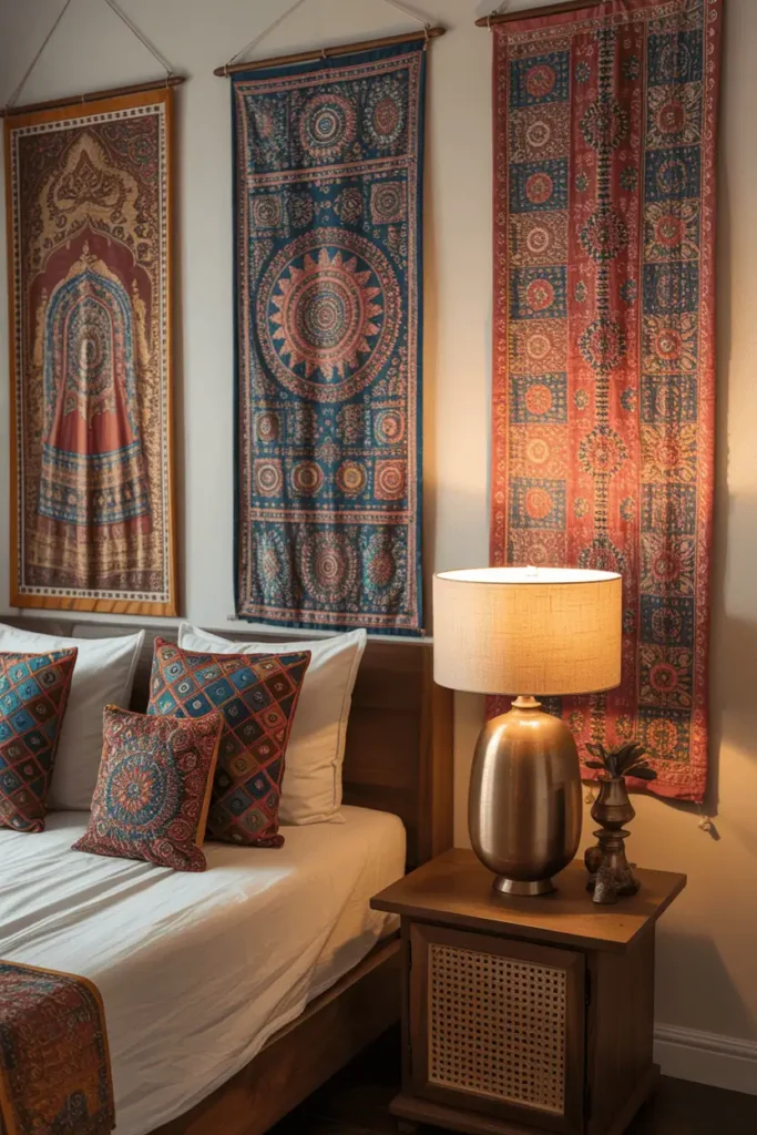 indian-inspired wall decor with colorful mandala tapestries, handwoven textiles, and embroidered fabric art, rich jewel tones with warm lighting, rustic-modern interior featuring natural wood and brass accents, vibrant yet balanced cultural aesthetic, cozy daylight photography
