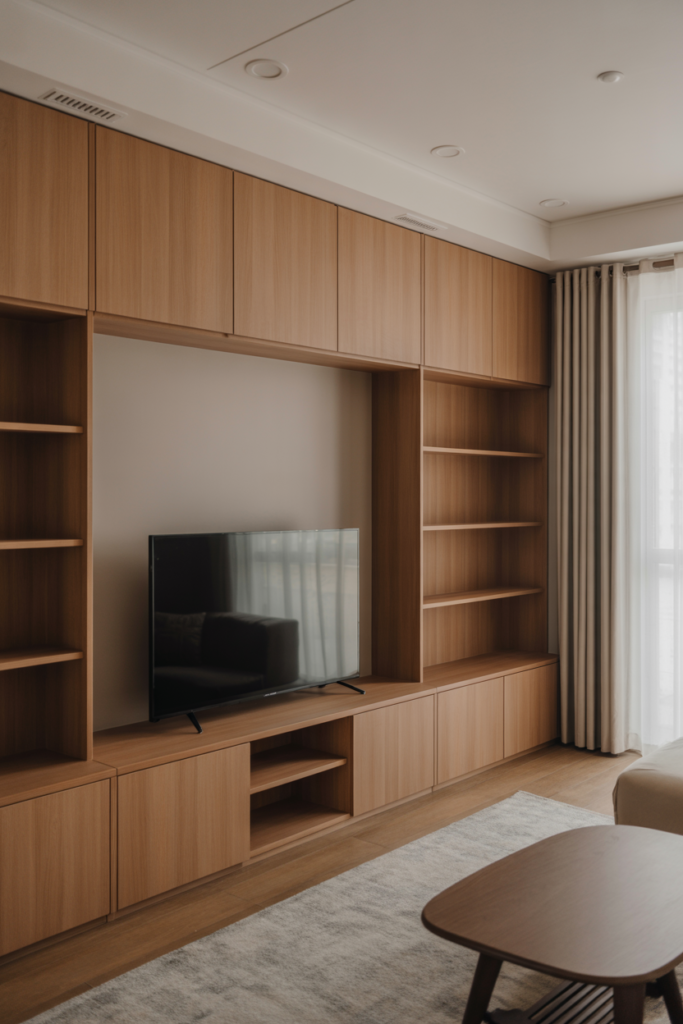 Japandi living room with built-in wooden cabinetry, flush wood panels, hidden storage, neutral tones, minimalist calm atmosphere, soft daylight, interior magazine photography, no people, no text