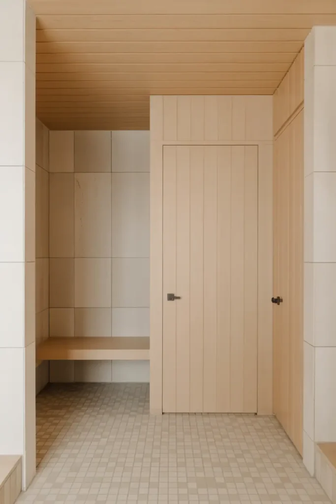 Bathroom featuring light wood with subtle grain, simple stone tiles, minimal pattern, calm and restful spa atmosphere, realistic interior photography, no people, no text, no watermark
