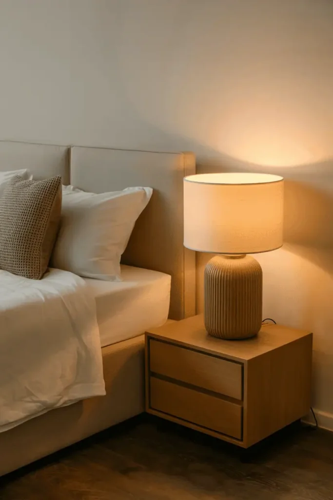 Bedroom with wooden table lamps or bedside lamps, warm soft lighting, neutral decor, calm and cohesive material palette, realistic interior photography, no people, no text, no watermark
