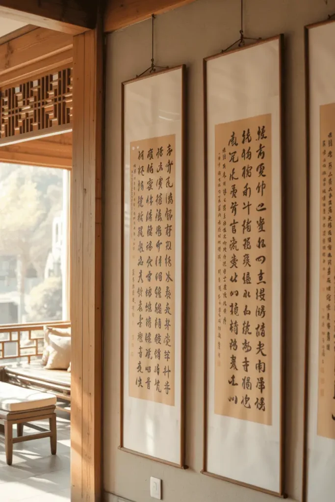 chinese cultural wall art featuring traditional ink brush paintings, calligraphy scrolls, and symbolic motifs on textured rice paper, soft warm daylight, natural wood framing and neutral walls, rustic-modern asian-inspired interior, calm and balanced atmosphere