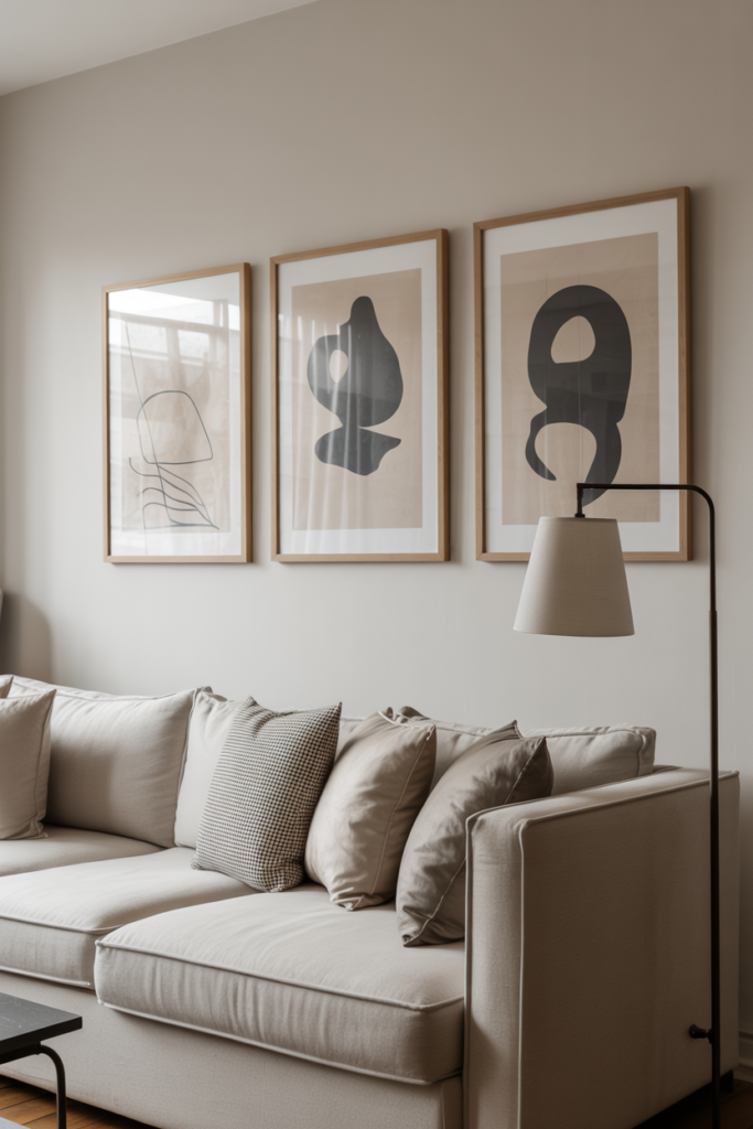 Japandi living room with minimalist artwork in thin light wood frames, neutral walls, low furniture, soft natural light, calm editorial composition, realistic interior photography, no people, no text