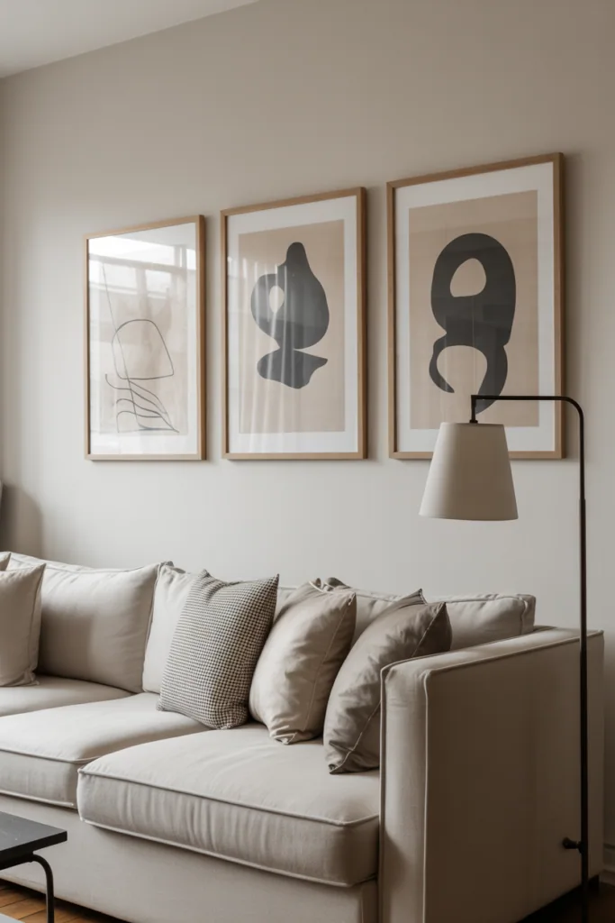 Japandi living room with minimalist artwork in thin light wood frames, neutral walls, low furniture, soft natural light, calm editorial composition, realistic interior photography, no people, no text