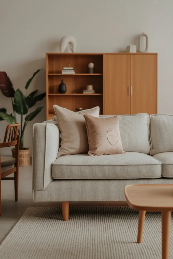 Living room featuring neutral upholstered sofa with visible wood legs, warm wood furniture, soft textiles, balanced and inviting mood, Scandinavian–modern wood aesthetic, realistic interior photography, high resolution, no people, no text, no watermark