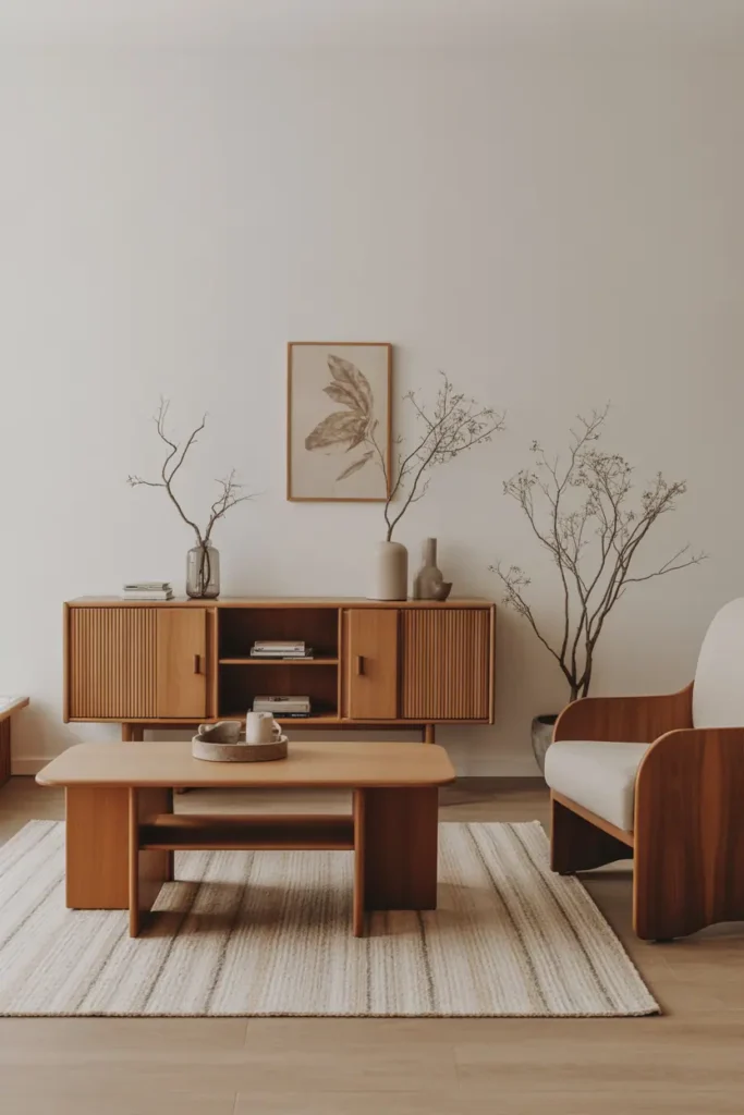 Living room with subtle repetition of wood tones across furniture pieces, minimalist decor, balanced composition, calm atmosphere, Scandinavian-modern aesthetic, realistic interior photography, high resolution, no people, no text, no watermark