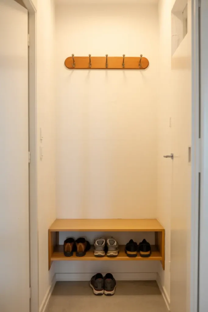 Practical narrow hallway with wall-mounted wood coat rack with 5 hooks at eye level, narrow wood shelf 6-8 inches deep mounted near floor below for shoes, gap underneath shelf for easy cleaning. White walls, no floor furniture, two-tier wall storage system. Bright lighting, functional minimalism, Scandinavian-influenced design. Interior photography showing practical storage solution.