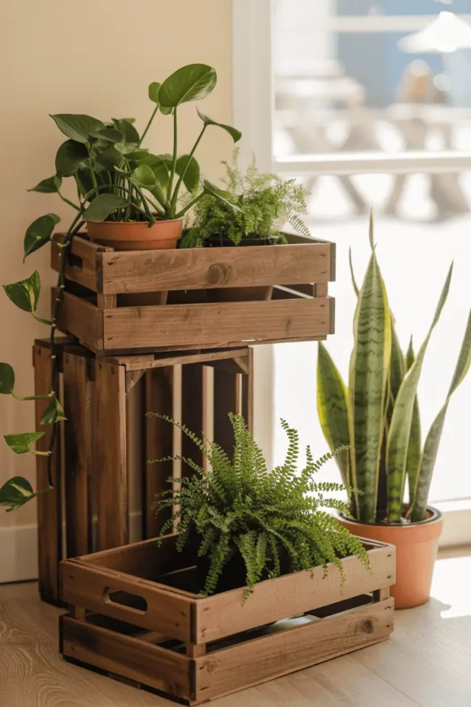 A diagonal composition showing three rustic wooden crates at varying heights near a bright window, each holding a different potted plant. One crate on its side with a trailing pothos, one upright with a snake plant, one stacked holding a small fern. Terracotta pots and natural light streaming in. The background shows a cream wall and wood floor. Organic, layered, and green aesthetic with warm natural tones.
