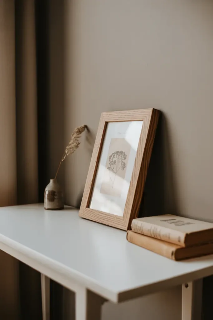 A centered view of a bedroom wall above a bed with white linen bedding. Two identical wooden frames in walnut, each approximately 16x20 inches, hang symmetrically on either side of the bed at the same height. Inside each frame: simple black-and-white photography. The wall is painted soft beige. A small pendant light hangs centered between the frames. Morning light filters through sheer curtains. Clean, balanced, symmetrical composition.