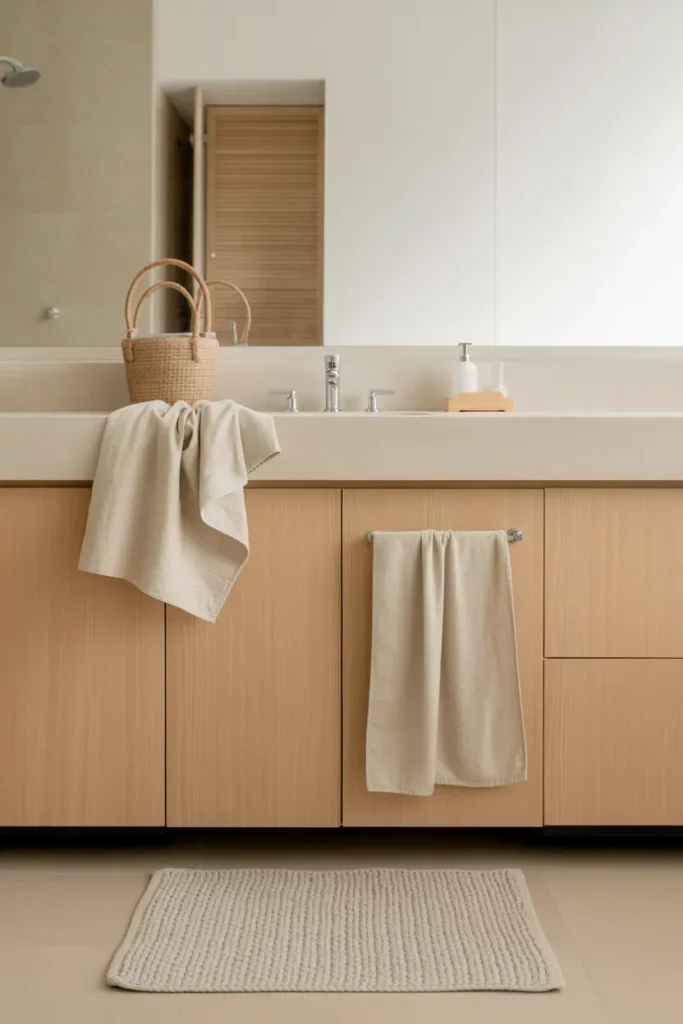 Bathroom pairing light wood furniture with cotton or linen towels and bath mat, soft textures, neutral palette, spa-inspired calm, realistic interior photography, no people, no text, no watermark

