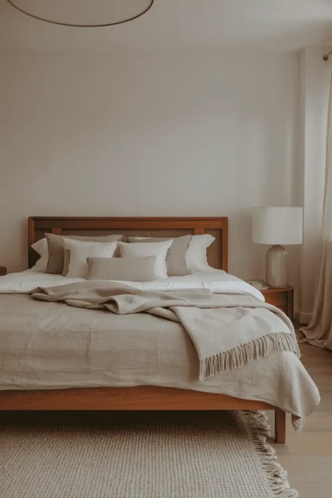 Bedroom combining warm wood furniture with linen bedding, wool rug, and matte textiles, soft and cozy atmosphere, natural daylight, realistic interior photography, no people, no text, no watermark