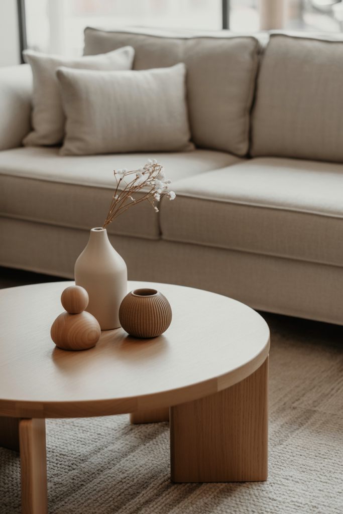 Japandi living room detail shot featuring small wooden decor objects on coffee table, neutral palette, soft textures, minimal styling, warm daylight, editorial interior photography, no people, no text
