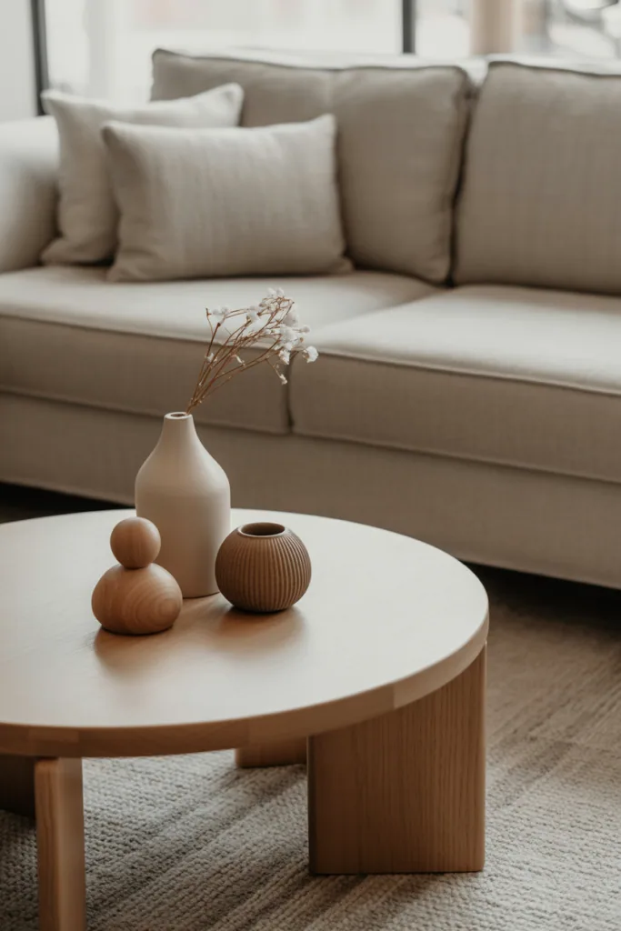Japandi living room detail shot featuring small wooden decor objects on coffee table, neutral palette, soft textures, minimal styling, warm daylight, editorial interior photography, no people, no text
