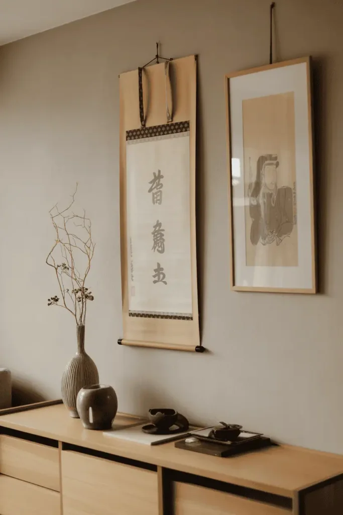 japanese minimalist wall decor with elegant hanging scrolls, framed woodblock prints, and simple wooden accents, warm neutral color palette with soft natural light, organic materials and clean lines, serene modern interior with natural wood textures and handmade craftsmanship