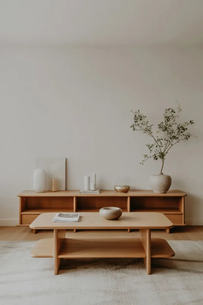 Minimalist living room with mostly empty wood surfaces, clean coffee table and console, neutral surroundings, calm editorial feel, natural daylight, realistic interior photography, high resolution, no people, no text, no watermark