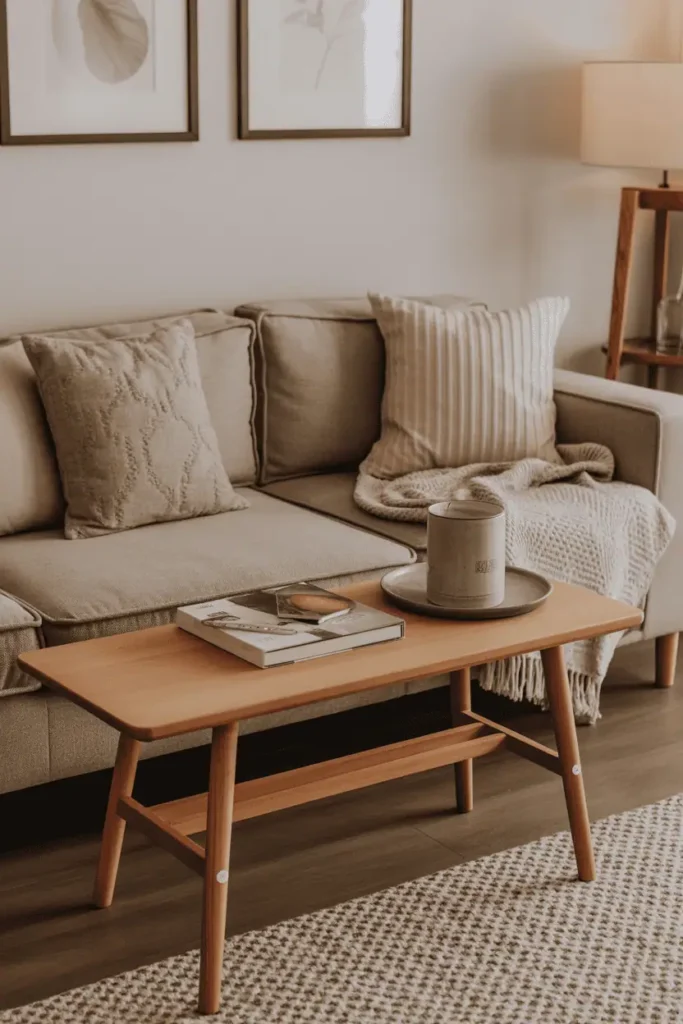 Wooden bench placed behind sofa in living room, styled with cushions and throw, warm wood tones, practical yet decorative look, Scandinavian–modern wood aesthetic, realistic interior photography, high resolution, no people, no text, no watermark