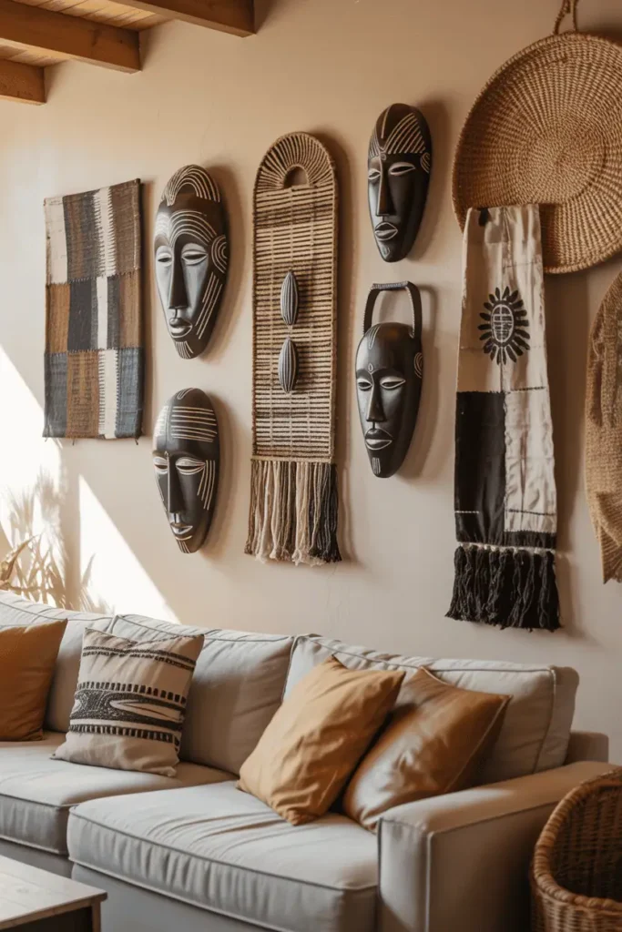 african-inspired wall decor featuring handcrafted tribal masks, mud cloth textiles, and woven baskets, warm neutral palette with natural wood tones, daylight photography in a cozy rustic-modern living room, artisan craftsmanship aesthetic, soft shadows and earthy textures, realistic interior styling