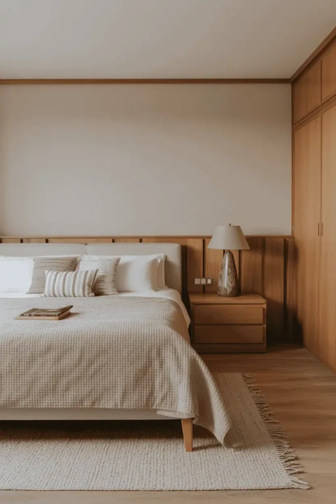 Bedroom with coordinated but non-matching wood furniture pieces, similar tones with varied forms, relaxed and natural feel, neutral styling, realistic interior photography, no people, no text, no watermark